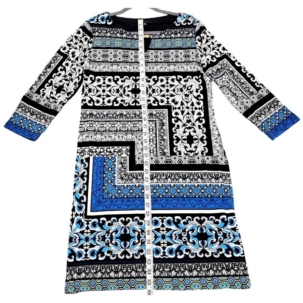 Geometric Print Tiana B. Dress With 3/4 Sleeves In Black/Blue Size M - Picture 8 of 9